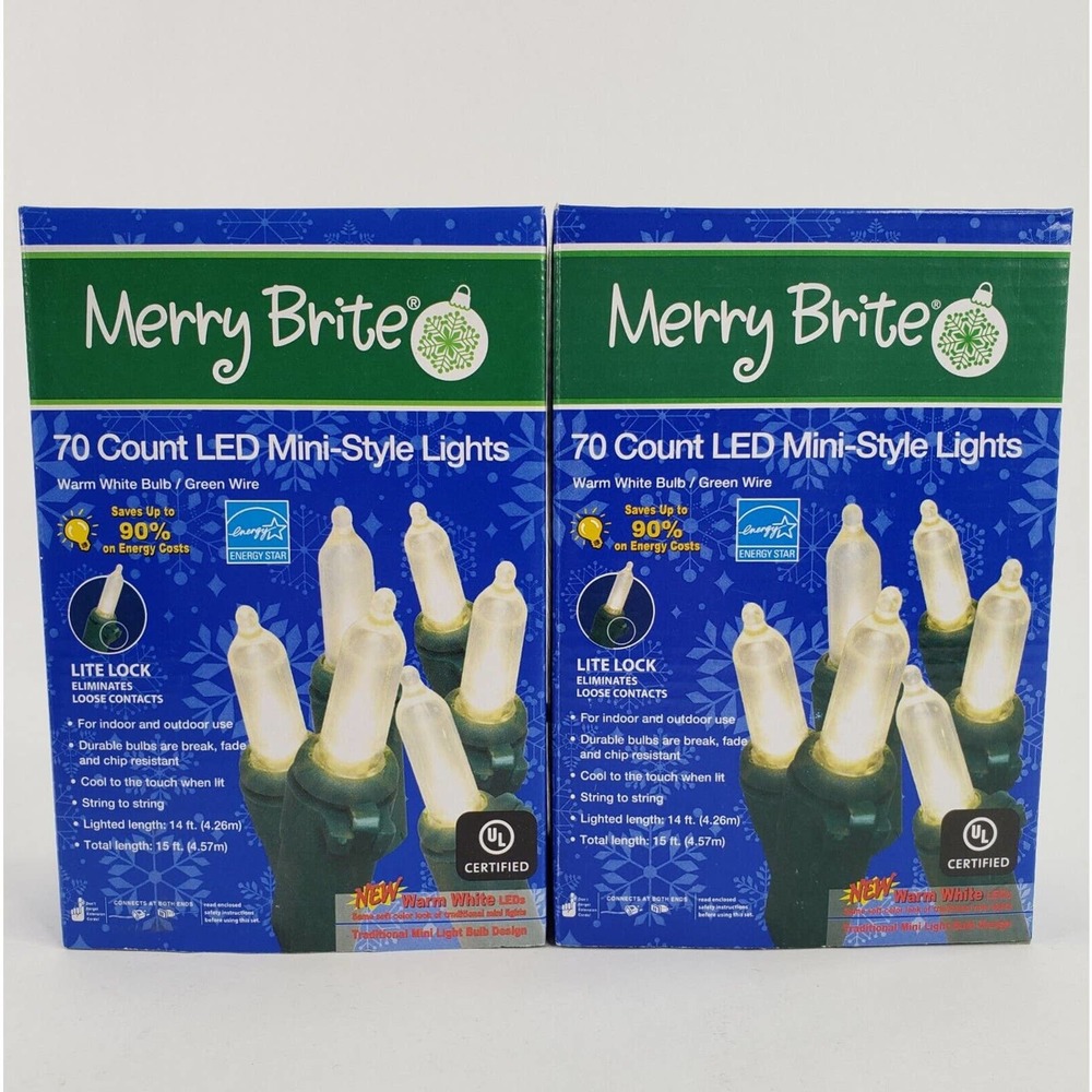 2 Merry Brite 70 Ct LED Mini Warm White Lights Christmas Green Wire Patio Decor
